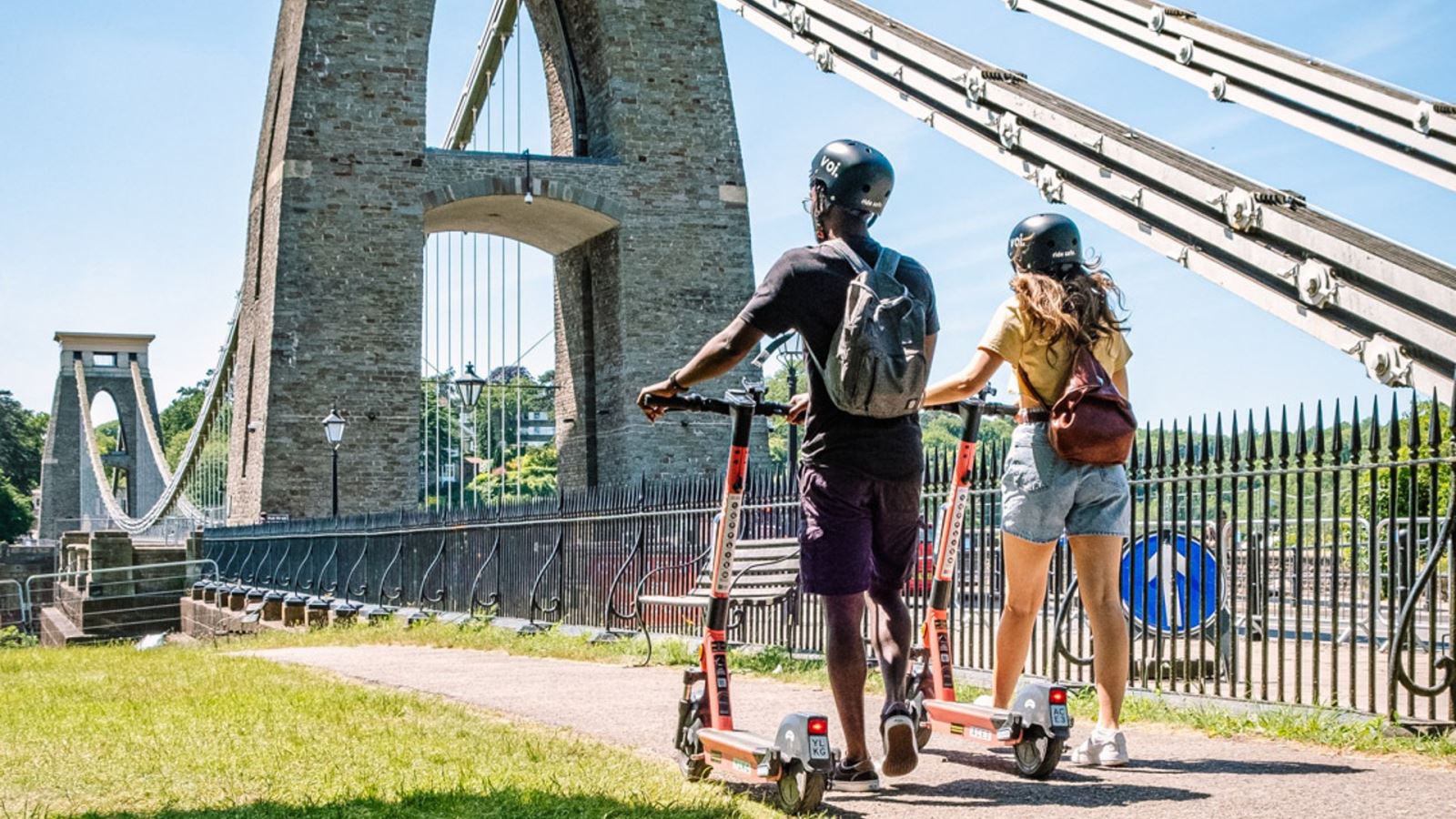 Voi e-scooters in front of Clifton Suspension Bridge